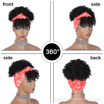 Free Sample Wigs Black Women Grip With Scarf Synthetic Attached Curly Bangs Kinky Hair Band Chignon Headband Wig